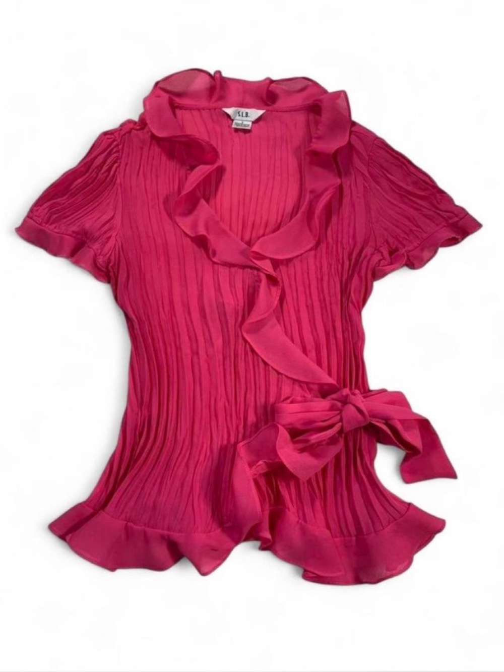 Vintage SLB Sheer Ruffle Tie-Waist Pink Pleated Short-Sleeve Top